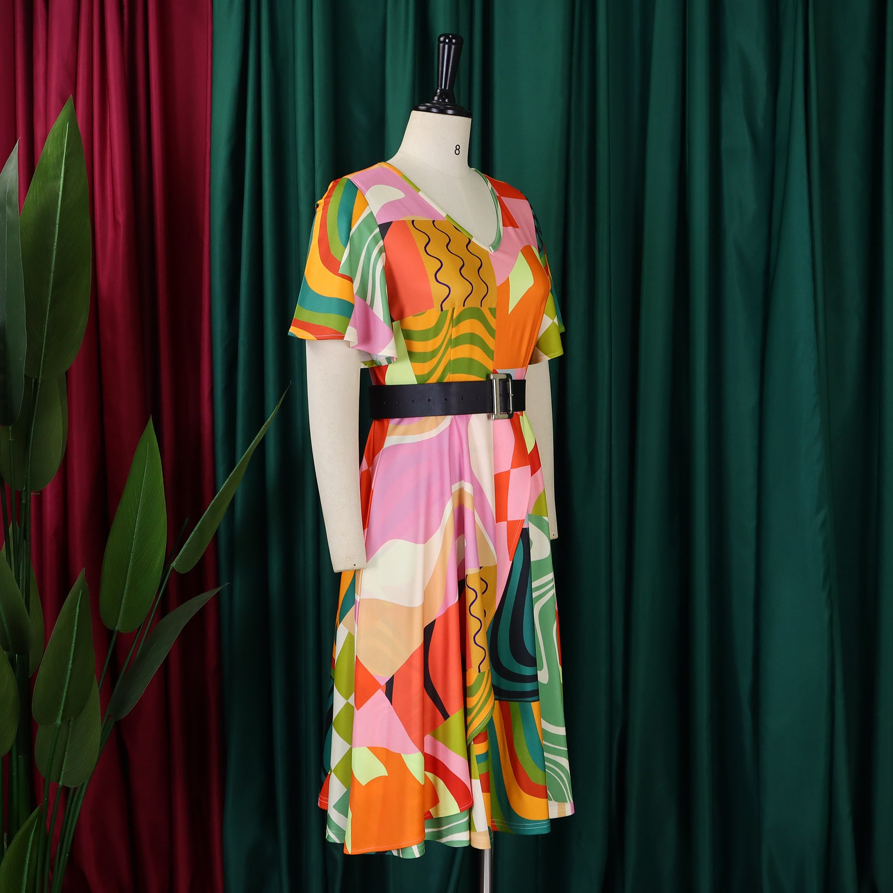 Summer Fashion Chic Women's Belt Print African Plus Size Midi Dress 12