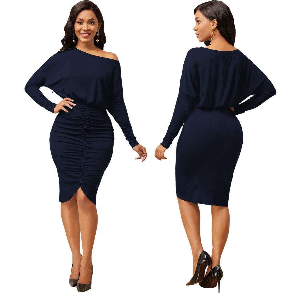 Sexy Fashion Solid Color Slash Shoulder Wrinkled Women's Dress 21