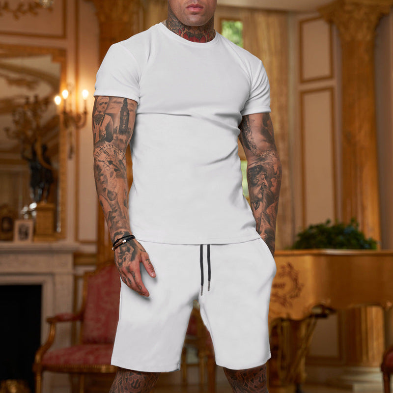 Summer Men'S Solid Color Short-Sleeved T-Shirt Shorts Sports Two Piece Suit 19