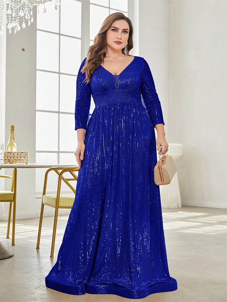 Women Plus Size Sequined Long-Sleeved V-Neck Formal Party Elegant Maxi Dress 4