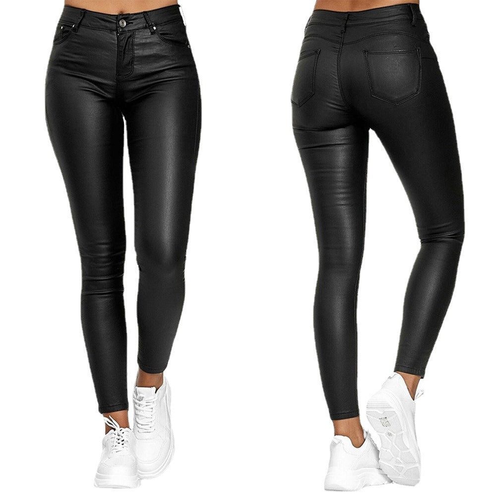 Women's Fashion High-Waist Solid Color Leather Casual Tight Pants 11