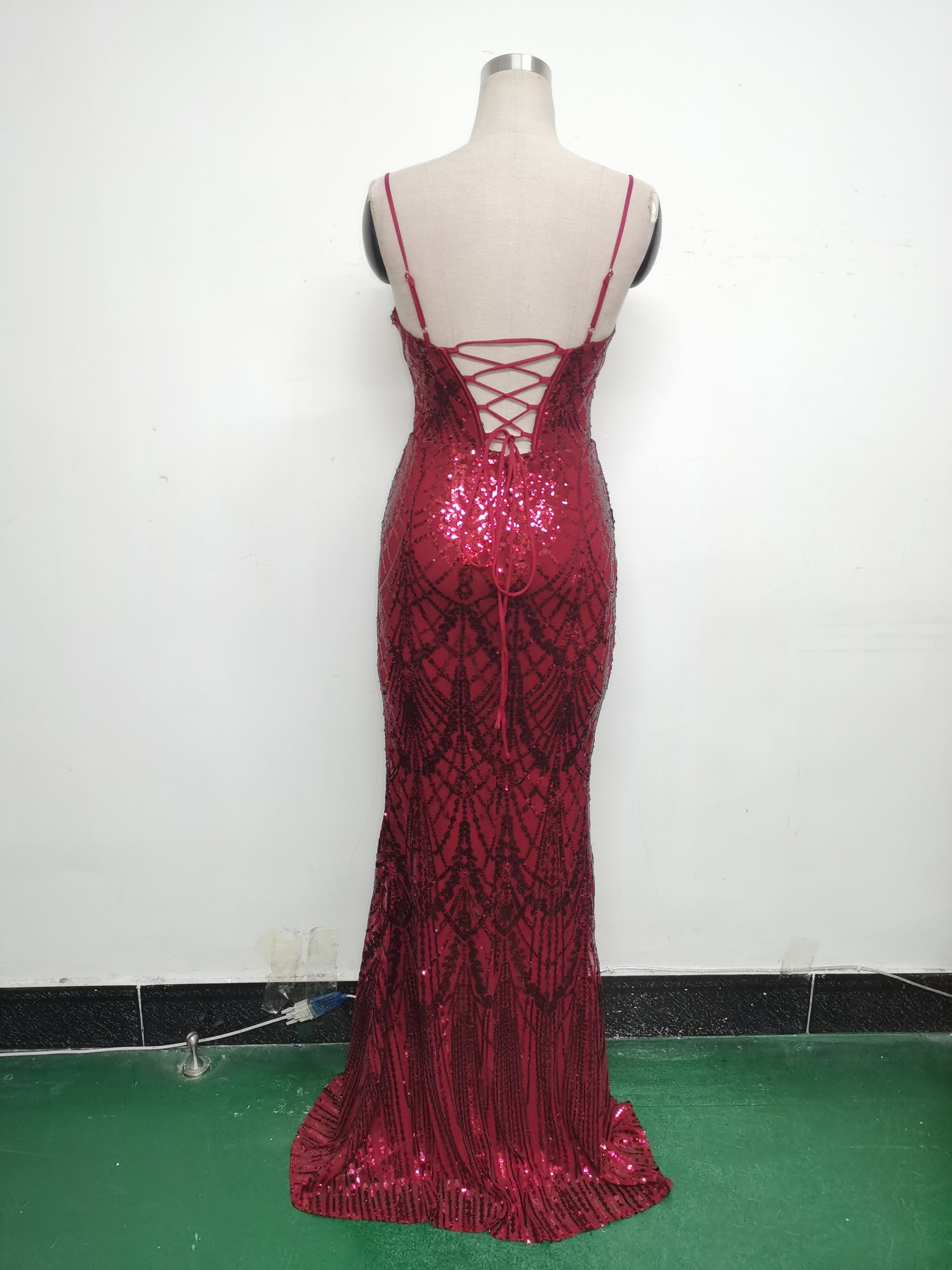 Women Beaded Tube Fishbone Lace-Up Sequin Formal Party Evening Dress 16