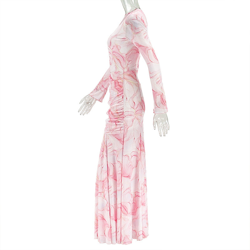 Sweet Printed Long Sleeve Patchwork Long Dress 6