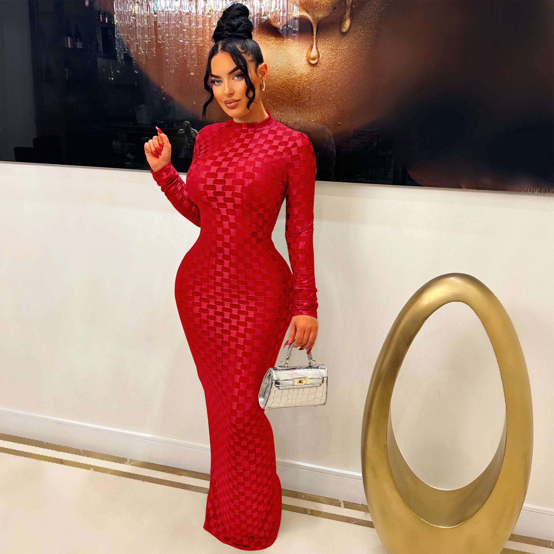 Women's Fashion Mesh Round Neck Slim Fit Long Dress 6