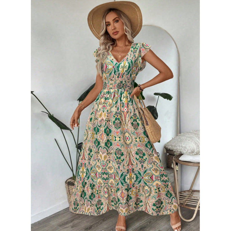 Women summer printed V-neck ruffled Maxi dress 5