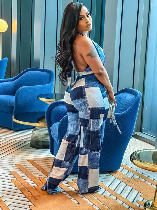 Ladies Plaid Street Trend Loose Digital Print Sexy Jumpsuit 5
