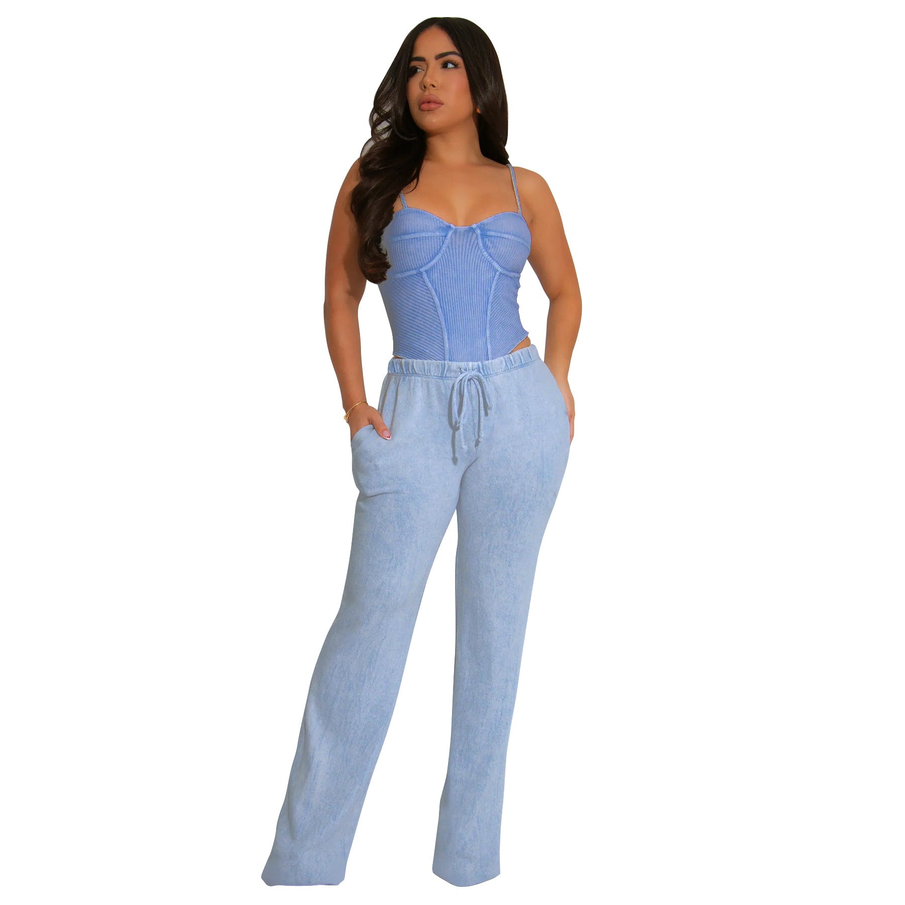 Women Sexy Cotton Washed Strapless Top and Pant Two-Piece Set 38