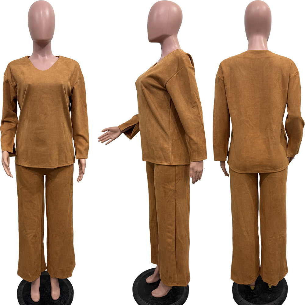 Women Solid Long-Sleeved Slit Two-Piece Set 17