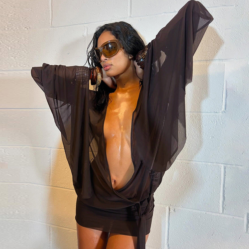 Spring Sexy Deep V See-Through Low Back Lace-Up Solid Mini Dress 5