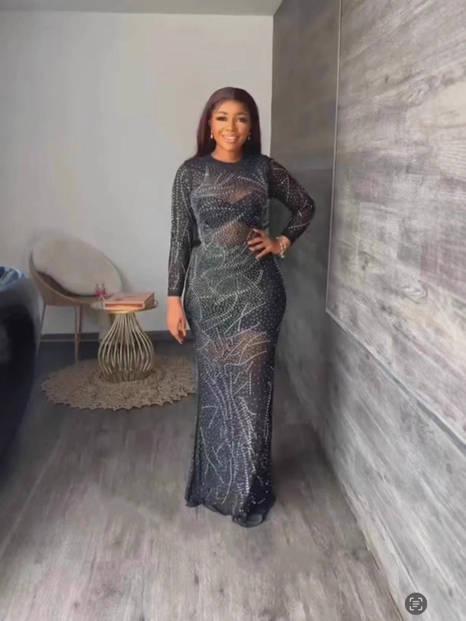 Women Long-Sleeved See-Through Mesh Beaded Sexy Bodycon Dress