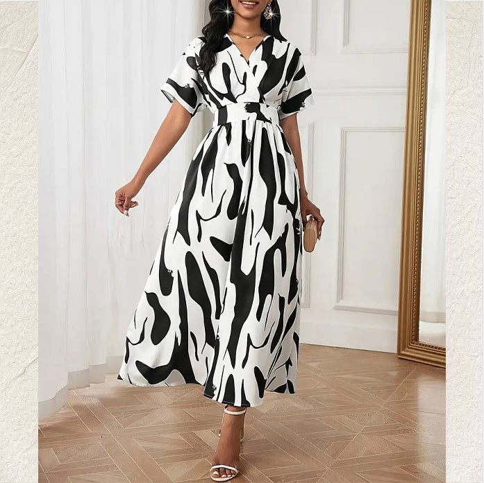 Fashion Printed V-Neck Slim Waist Elegant Women's Dress