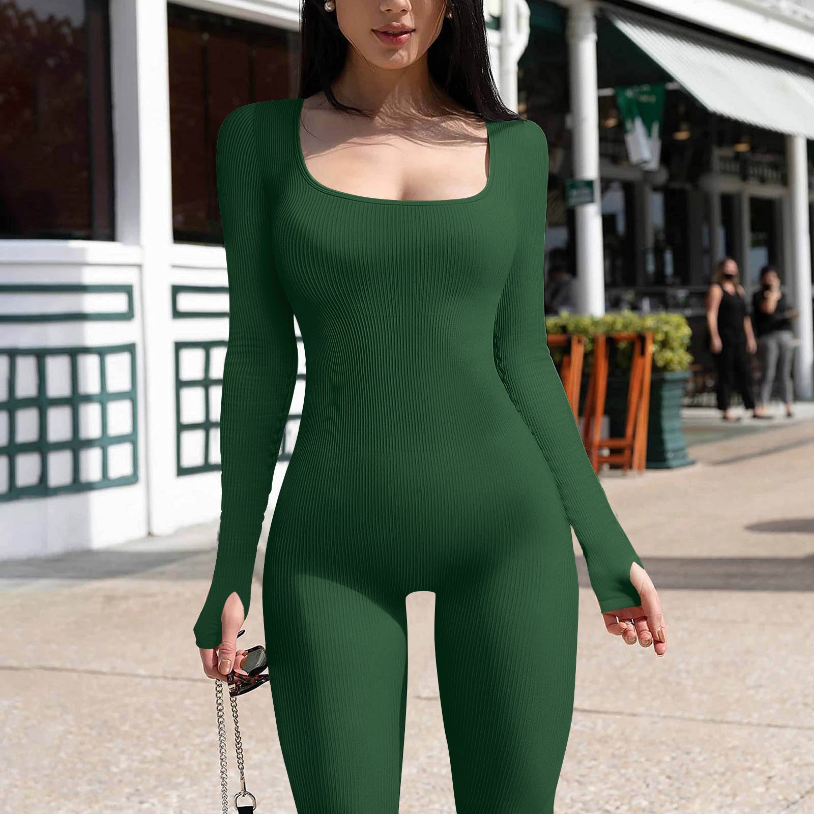 Women's Solid Color Long Sleeve Ribbed Square Neck Low Back Slim Fit Jumpsuit 7