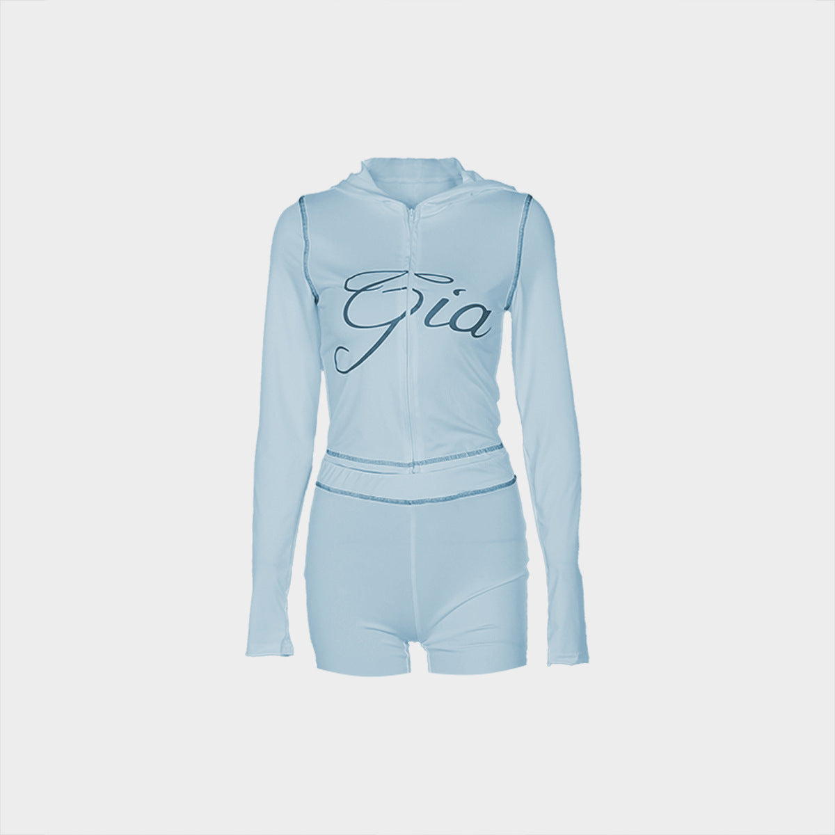 Fashion retro print slim elastic hooded sports style long sleeve top shorts women Two Piece Set 15