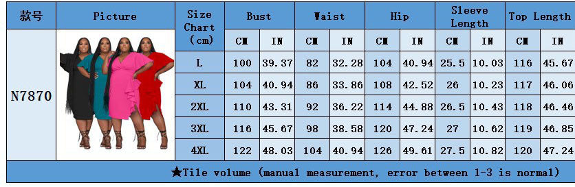 Chic Women's Solid Color V-neck Ruffle Slim Sexy Plus Size Dress 10