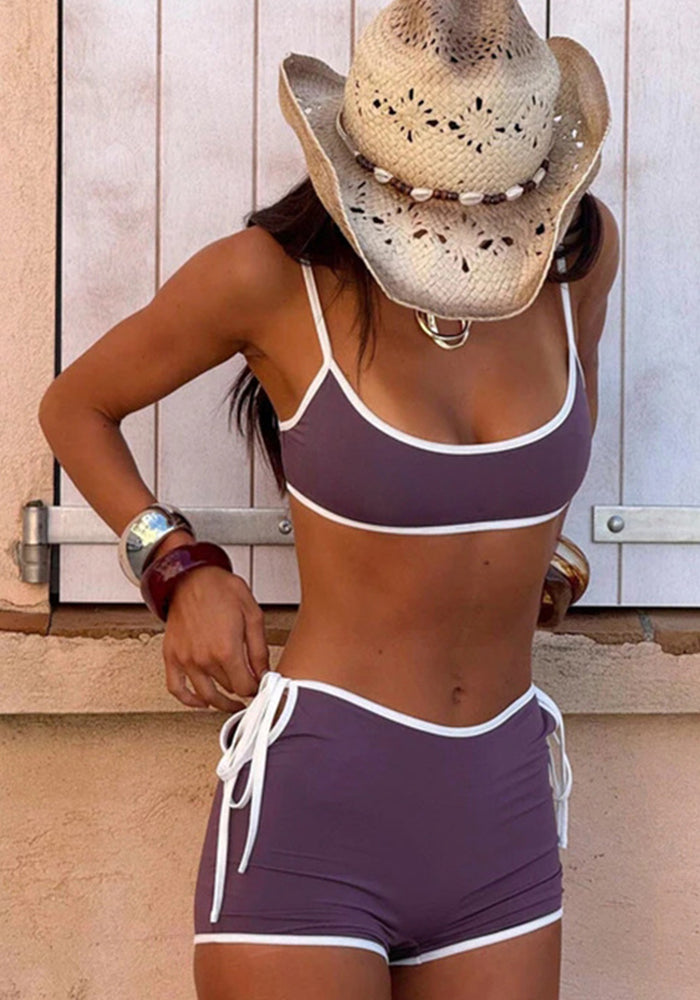 Women Contrast Sexy Open Waist Casual Suspender Top and Shorts Two-piece Set