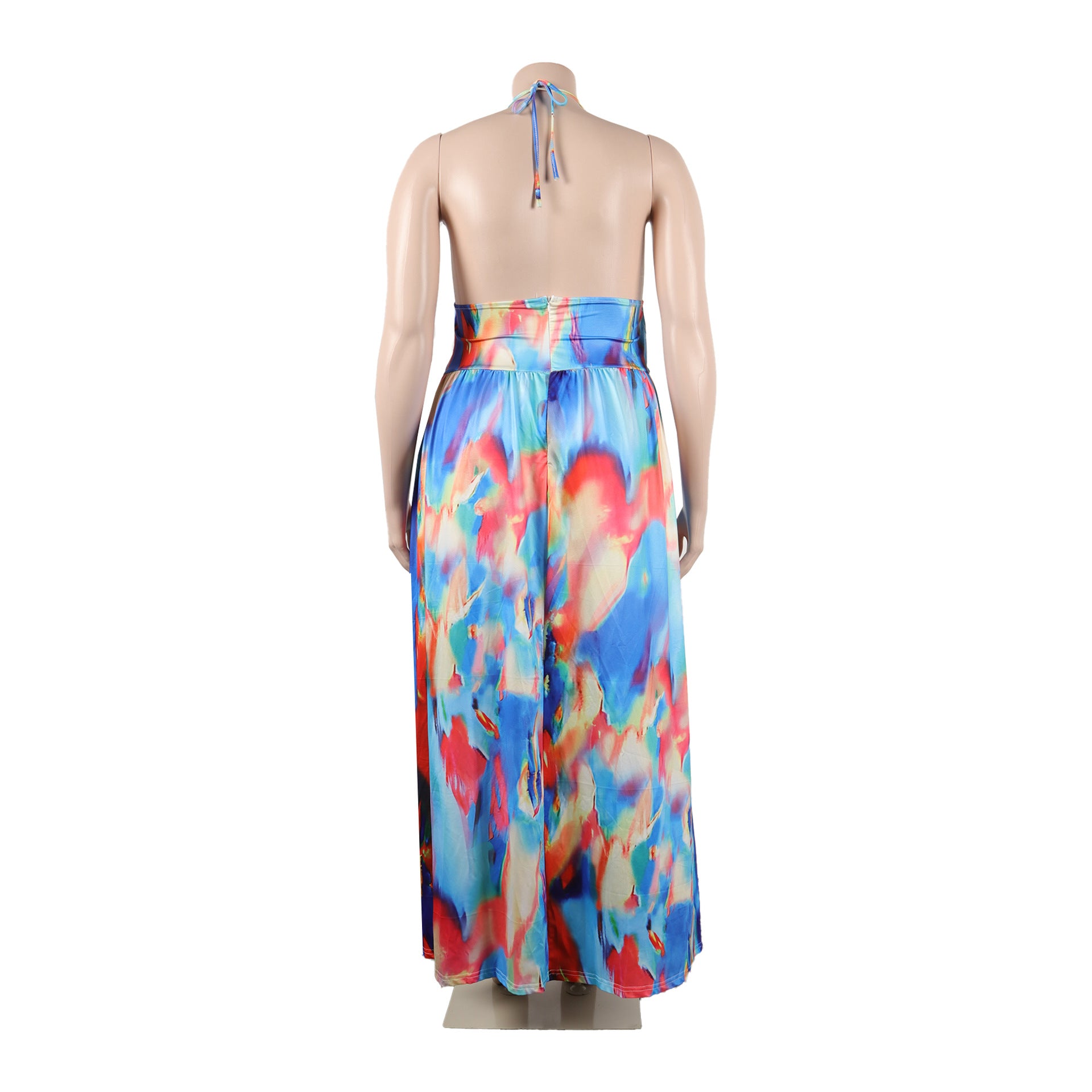 Women Print Cutout Halter Neck Lace-Up Slit Dress 15