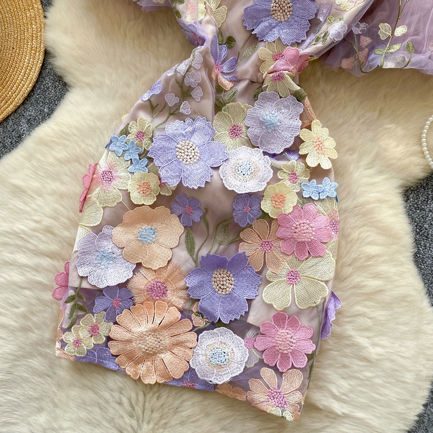 Women's  Luxury Embroidery Mesh Puff Sleeve Slim Waist Short Chic Dress 19