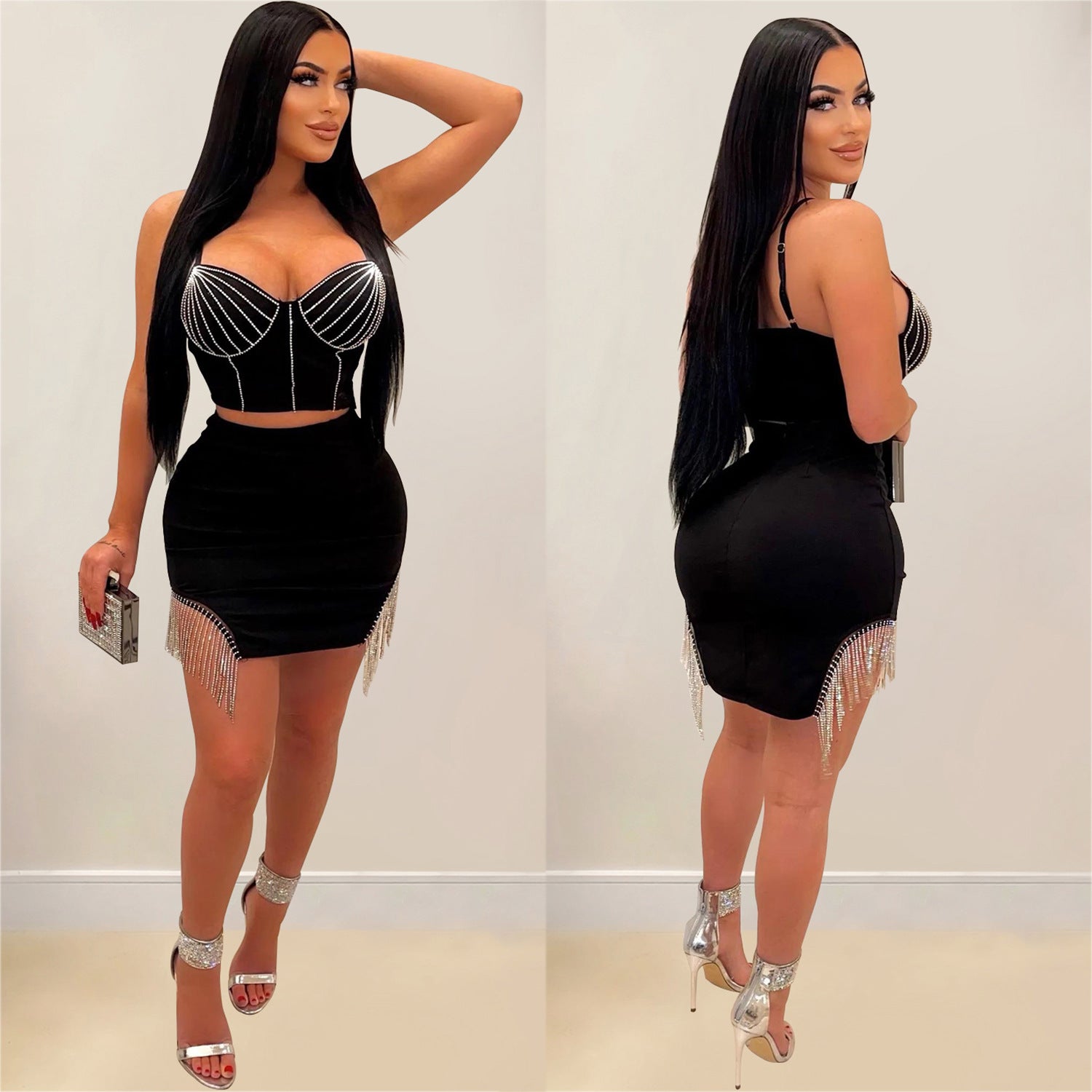 Women's Fashion Beaded Sleeveless Straps Top Tassels Skirt Two-Piece Set 3