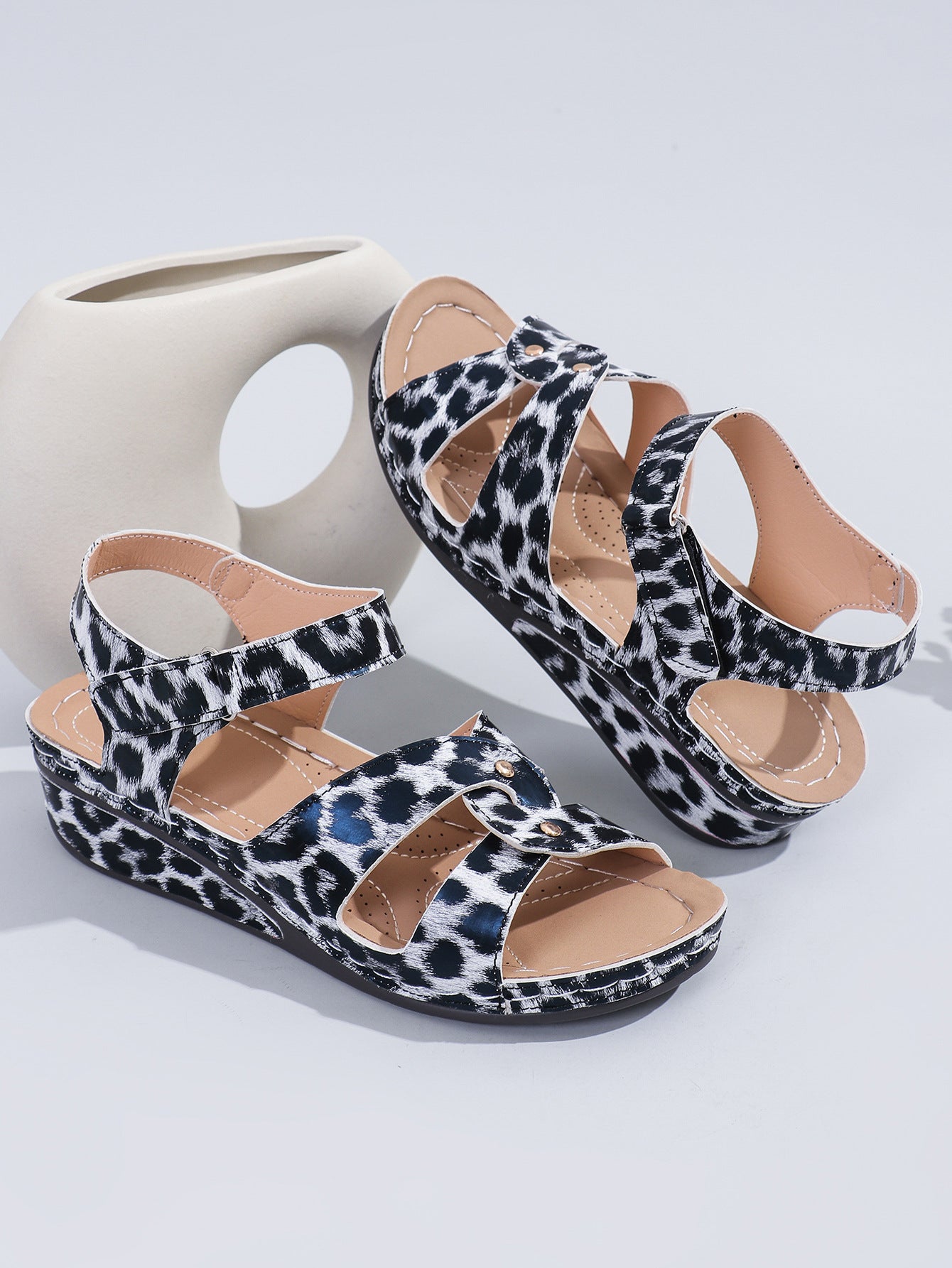 Summer Casual Round Toe Leopard Print High Heel Women's Wedge Slippers Plus Size Women's Shoes