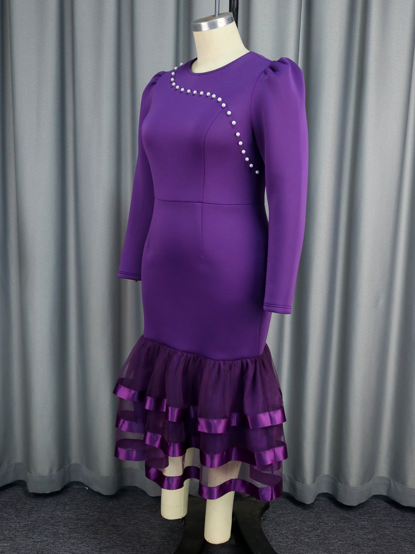 Women beaded Formal Party long sleeve Dress 5