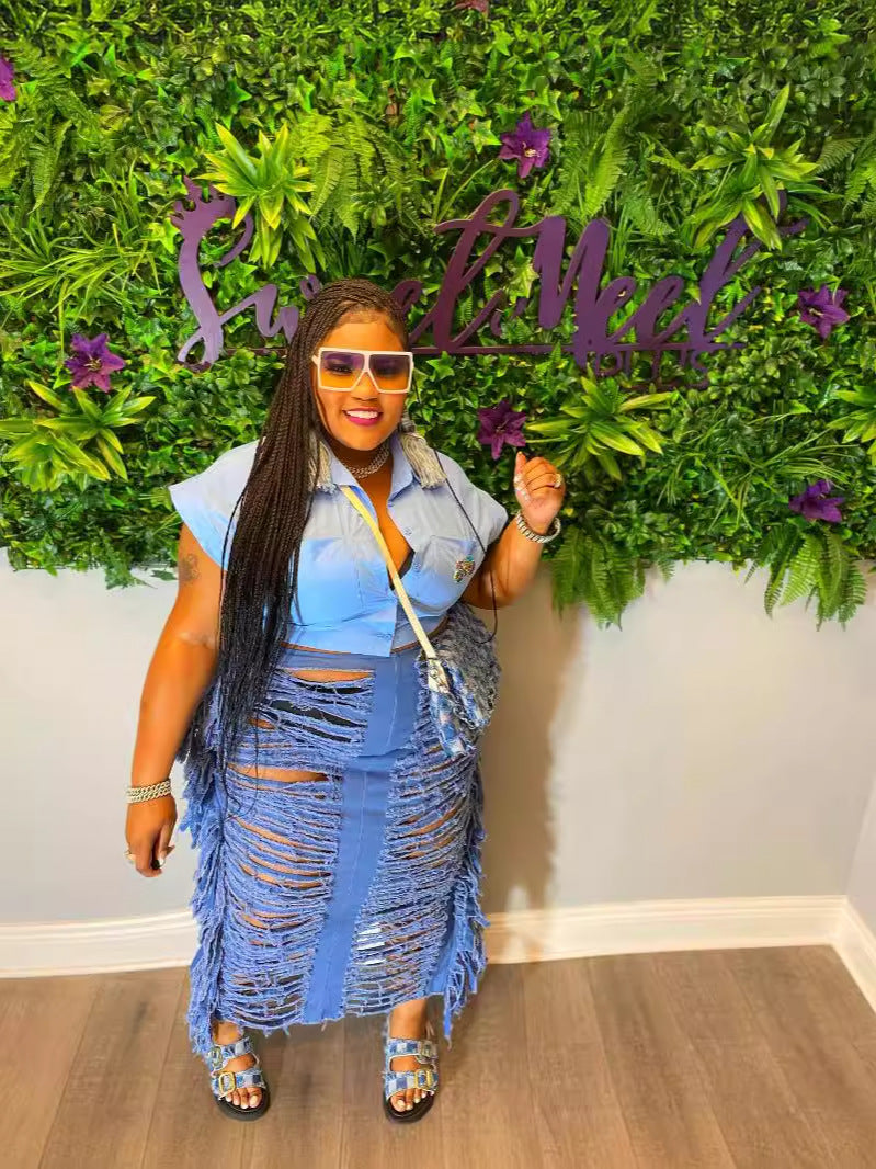 Women's Trendy Style Ripped Slit Fringed Denim Skirt 4