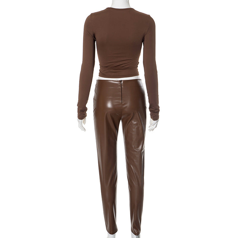 Women long sleeve stretchy pu Leather Top And PantTwo Piece Set 8