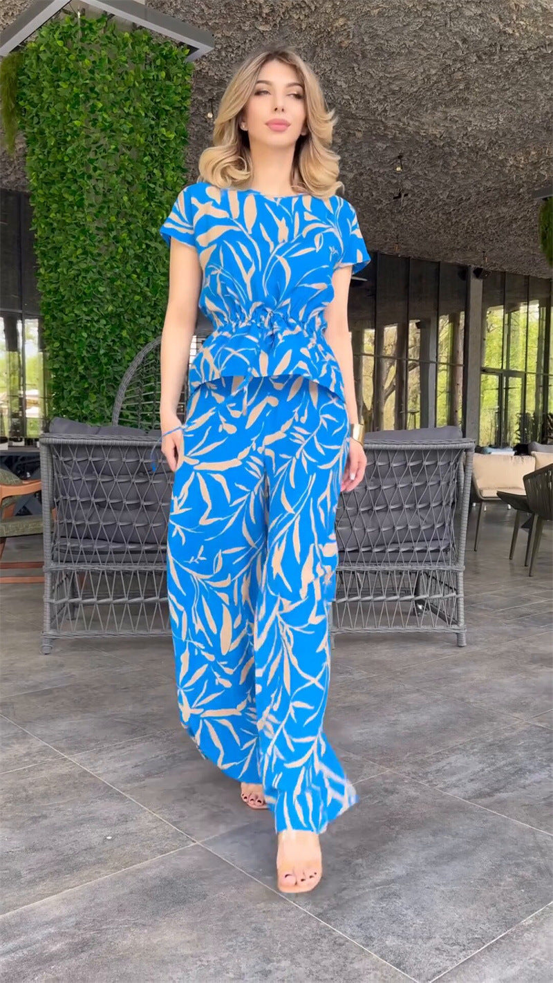 Women's Spring Summer Fashion Print Lace-Up Waist Top High Waist Wide Leg Pants Two-Piece Set