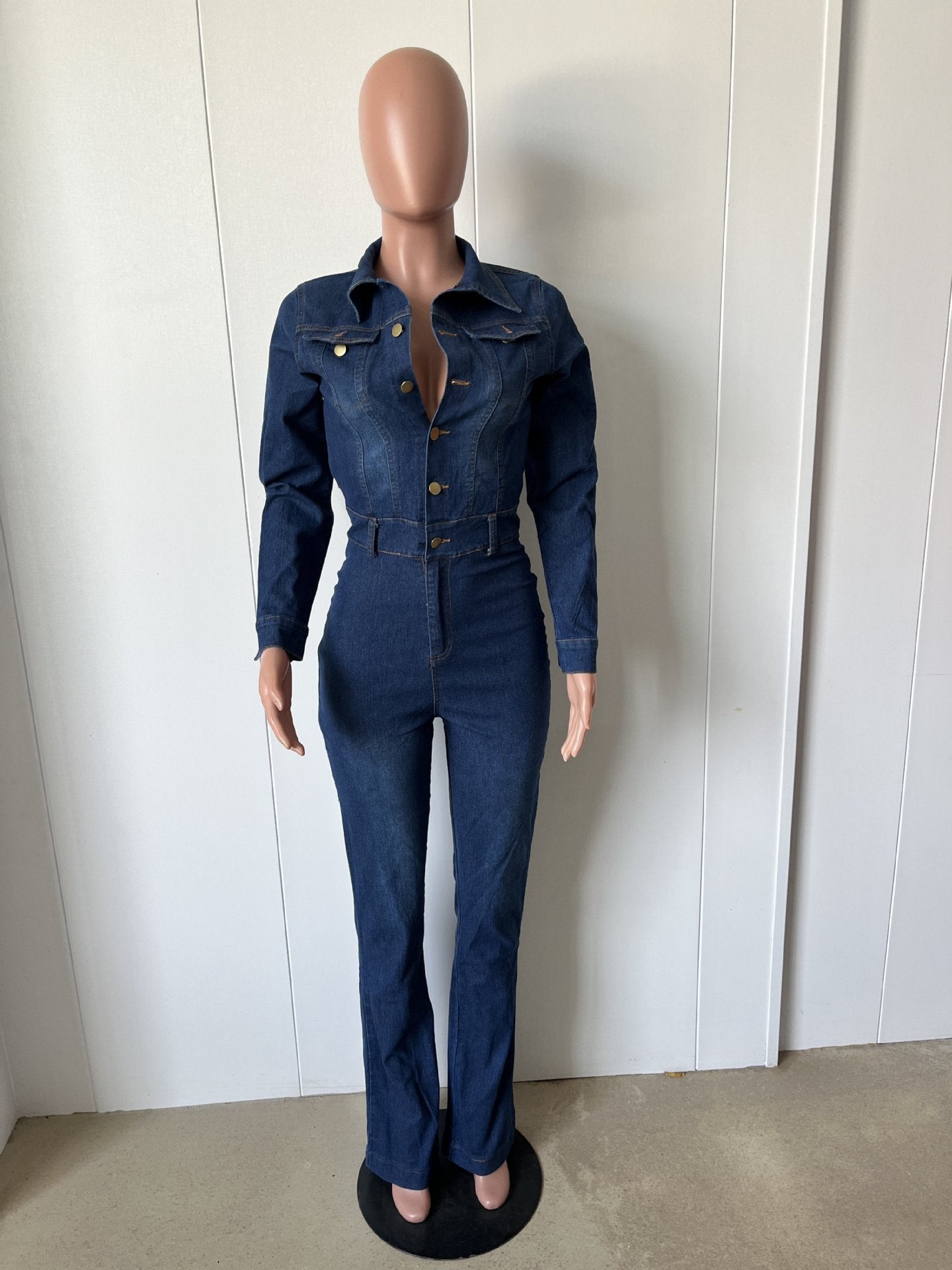 Slim Fit Stretch Bell Bottom Wash Long Sleeve Denim Jumpsuit 7