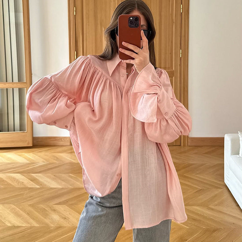 Women's Summer Chic Turndown Collar Bell-Bottom Sleeve Pleated Loose Long-Sleeve Shirt 5