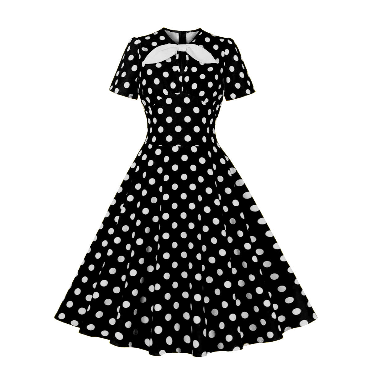 Women Round Neck Bow Tie Polka Dot Short Sleeve Dress 6