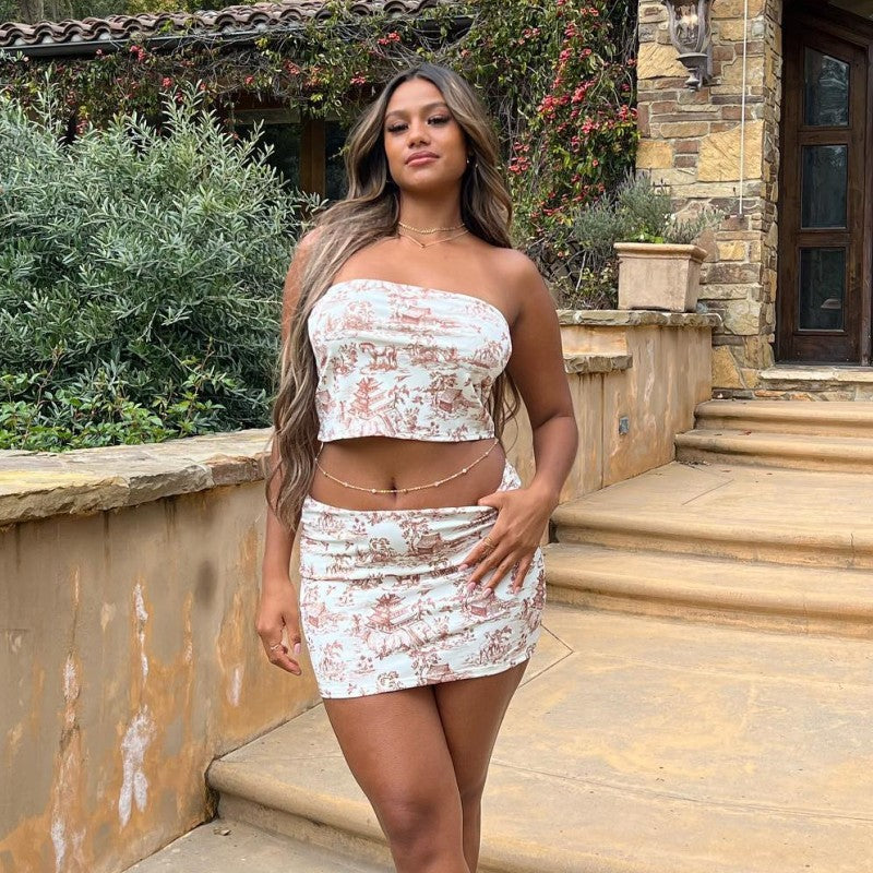 Summer Sleeveless Printed Strapless Top Slim Fit Bodycon Skirt Women's Set 4