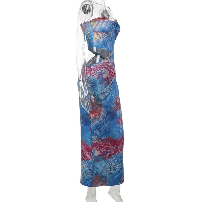 Printed Hollow Sexy Strapless Summer Slim Long Dress 6