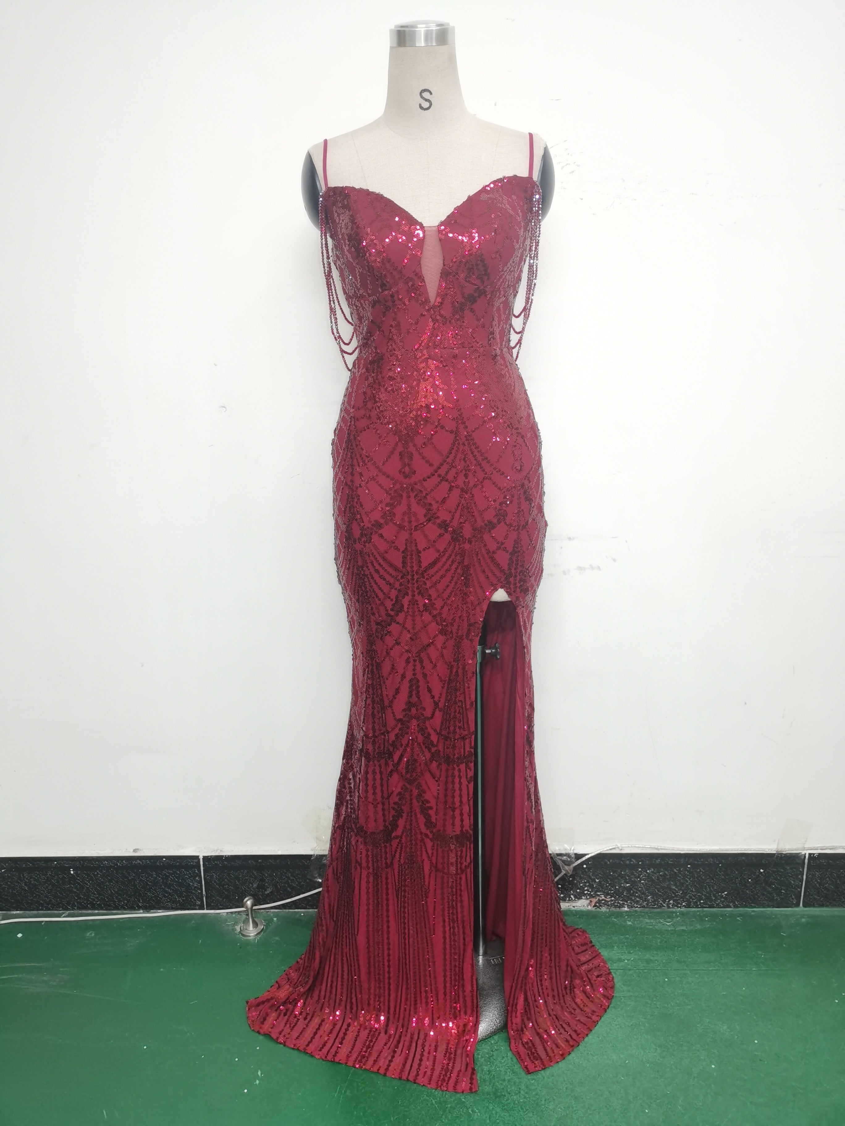 Women beaded sequin fishbone Lace-Up See-Through evening dress 32