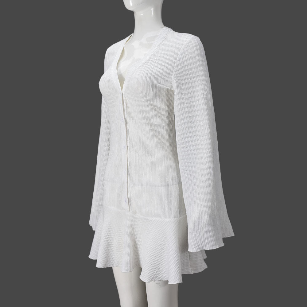 Autumn Women V-Neck Bell Bottom Sleeve A-Line Dress 8