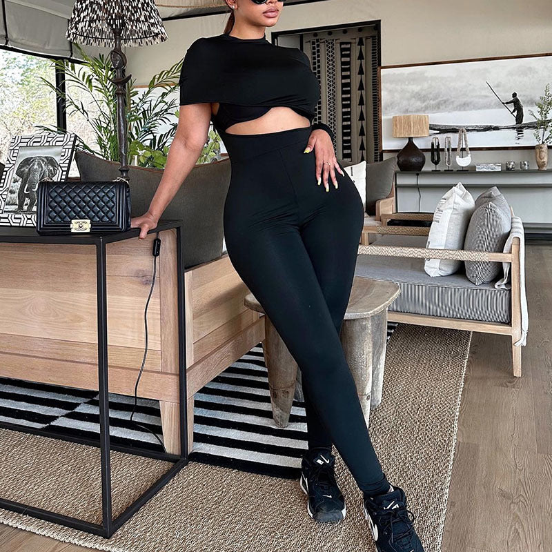 Women Hollow Casual Short Sleeve High Neck Jumpsuit 5