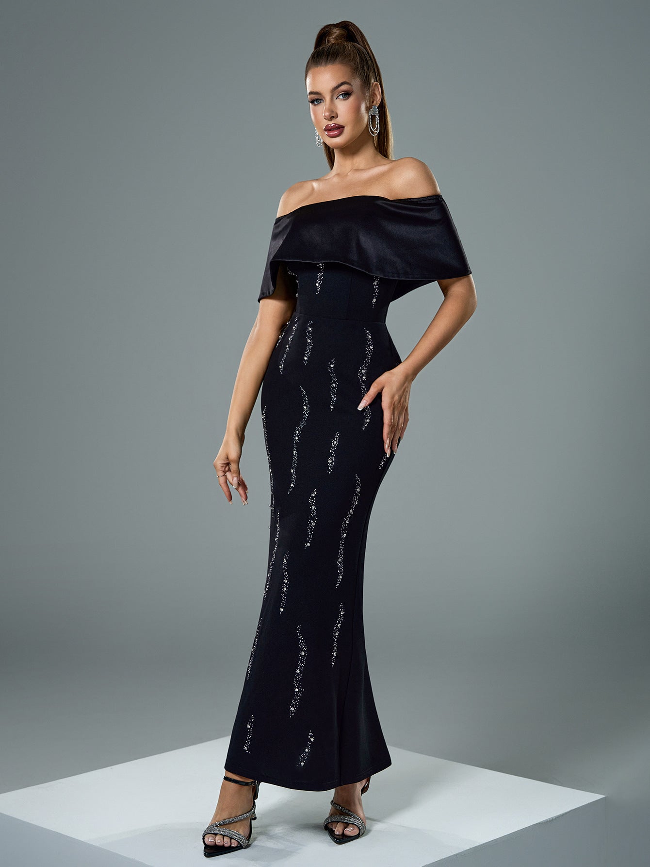 Women Off Shoulder Short Sleeve Beaded Black Bodycon Dinner Dress 5