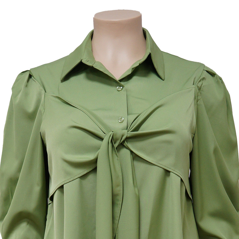Plus Size Women Sexy Solid Tie Long Sleeve Shirt Dress 16