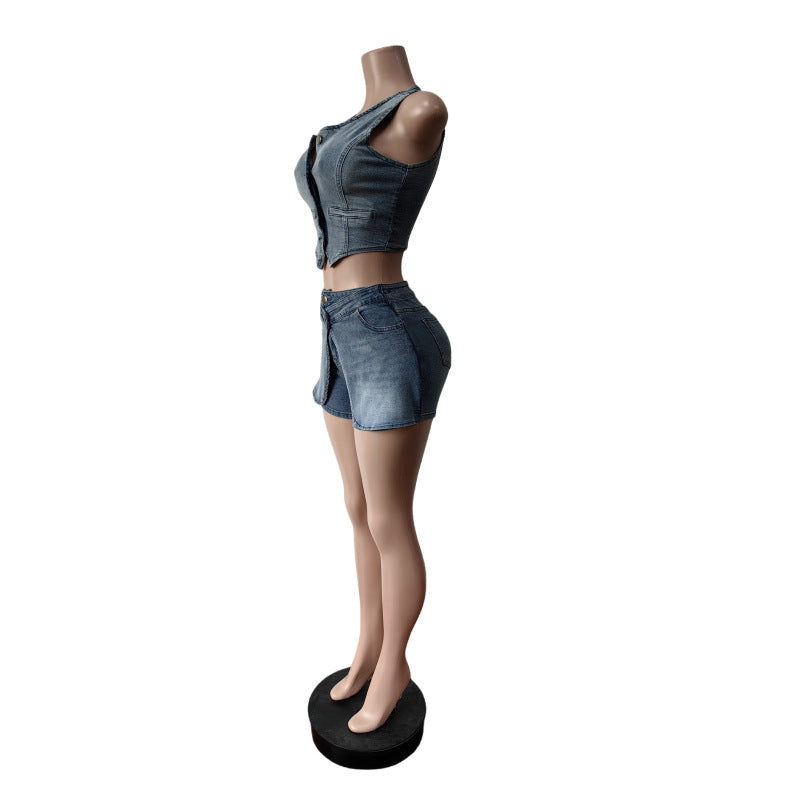 Elastic Denim Vest and Shorts Set for Women 3