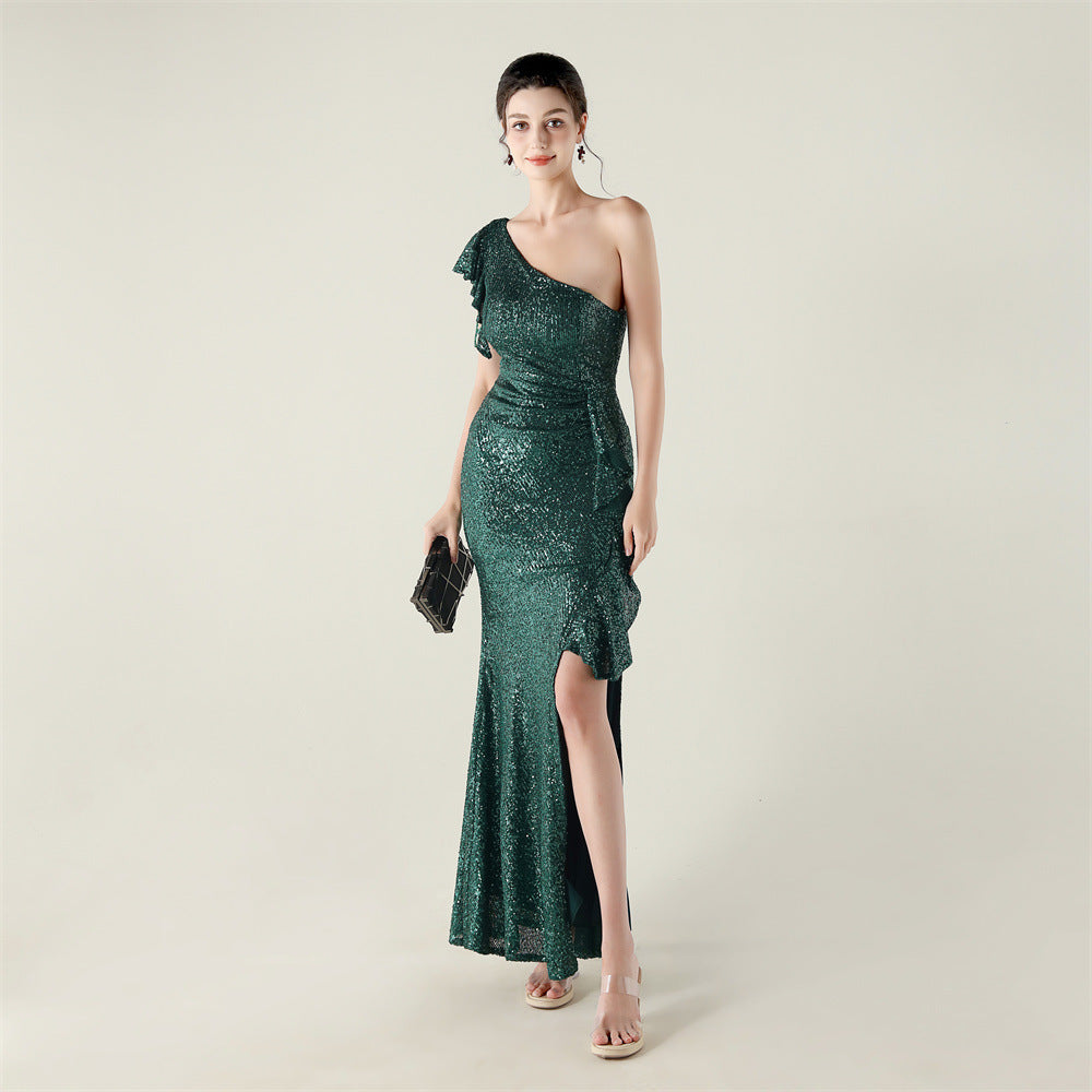 Women one-shoulder ruffled dangling beaded chain sequined Formal Party evening dress 3