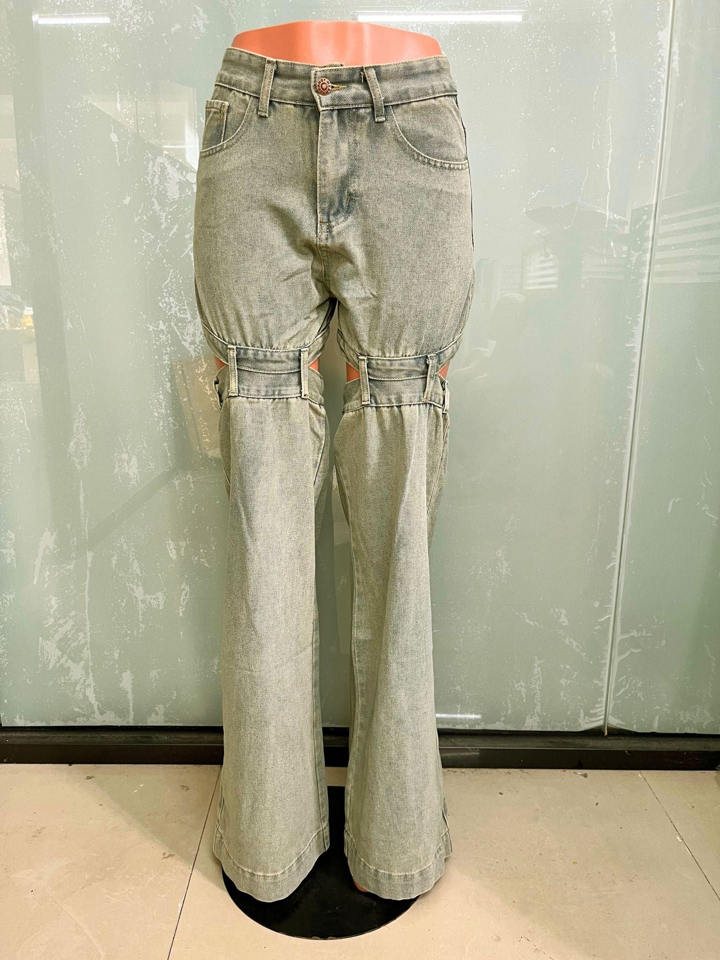 Women's Straight Street Fashion Washed Hollow Denim Pants 5