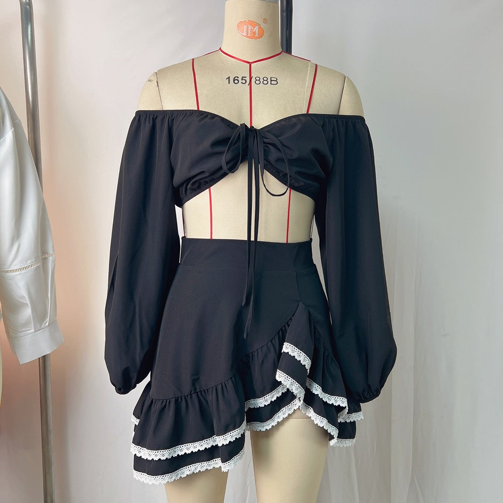 Women's Off Shoulder Crop Tie Puff Sleeve Top & Skirt Set 7