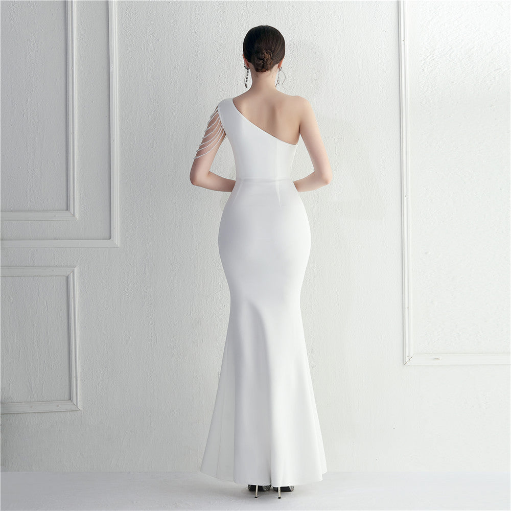 Trendy Beaded One Shoulder Slash Shoulder Sexy Long Evening Gown 9