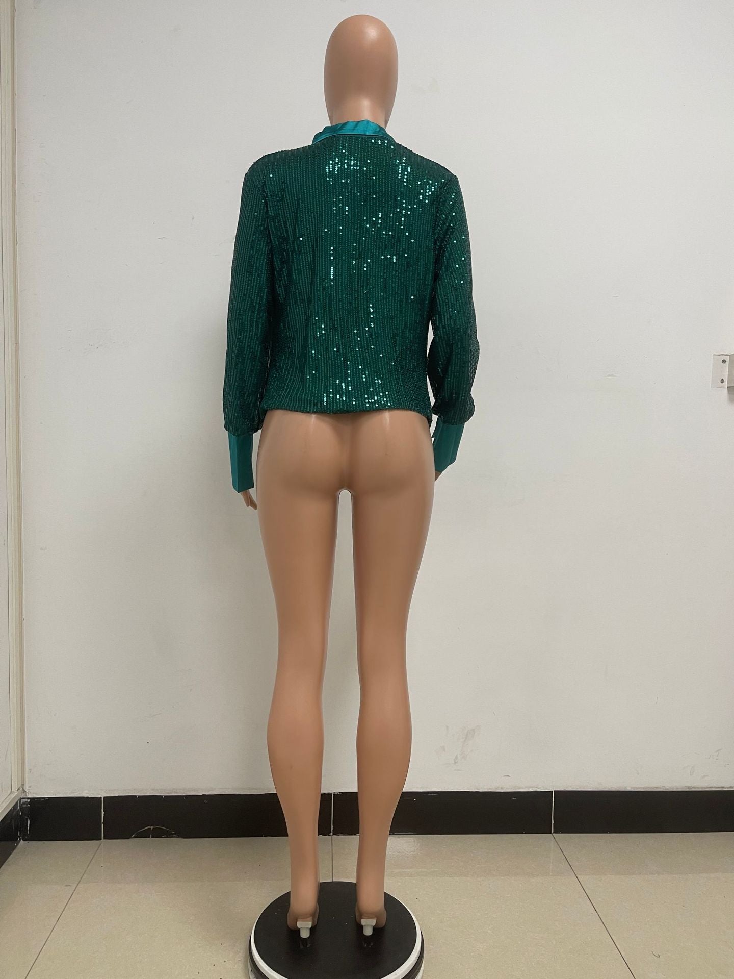 Women's Deep V Pleated Loose Ladies Chic Sequin Long Sleeve Shirt 43