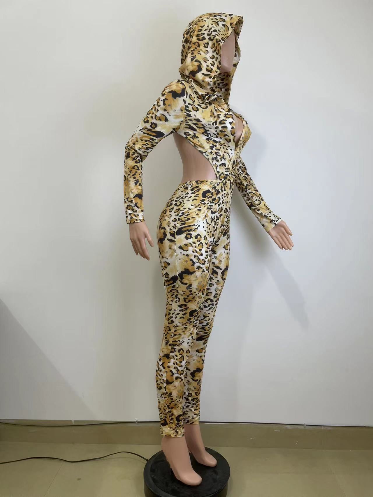 Women Autumn and Winter Leopard Backless Hooded Jumpsuit 12