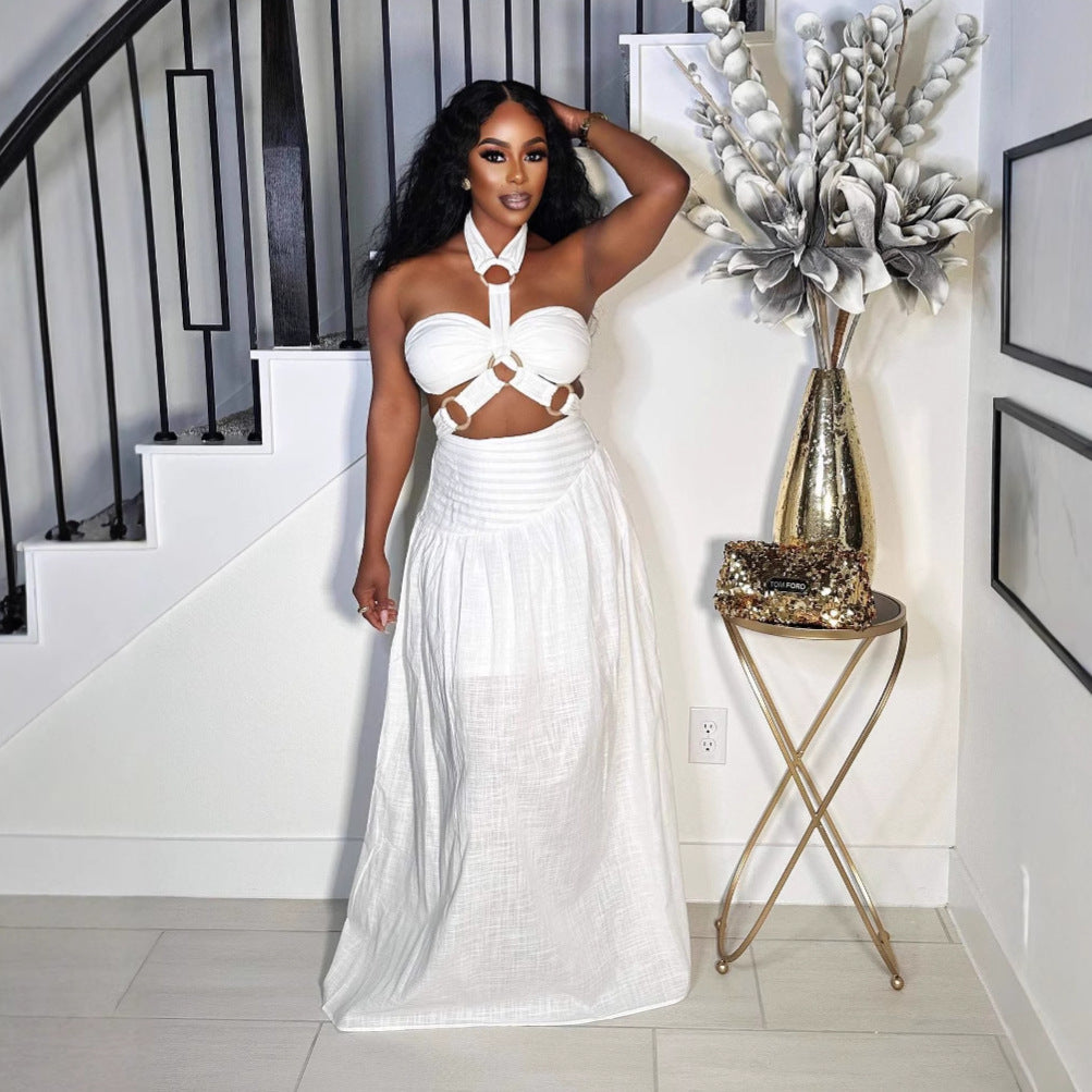 Fashion Women's Strap Halter Neck Padded Strapless Top Maxi Skirt Two-Piece Set 4