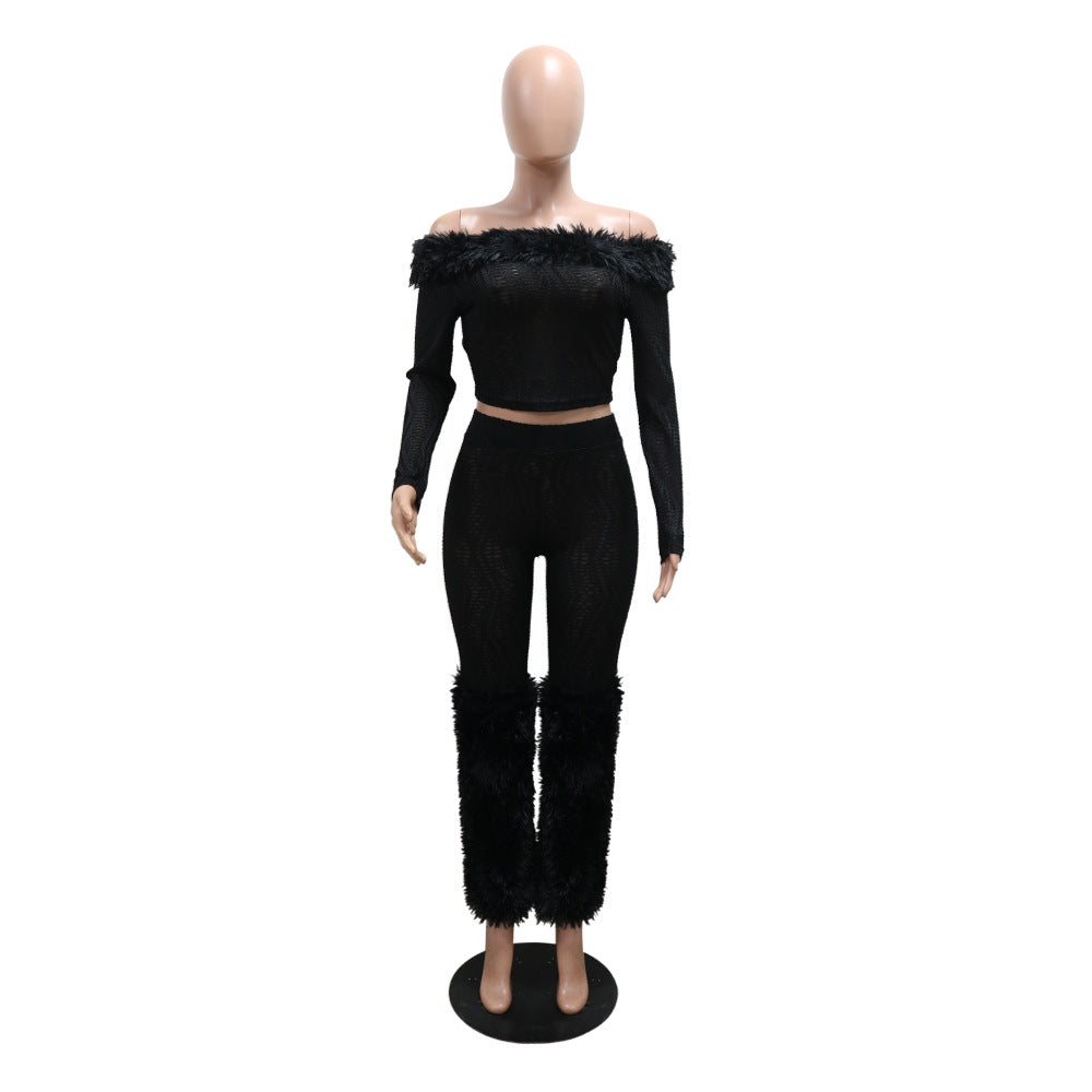 Long Sleeve Off-Shoulder Top & Slim Trousers Furry Two-Piece Set 8