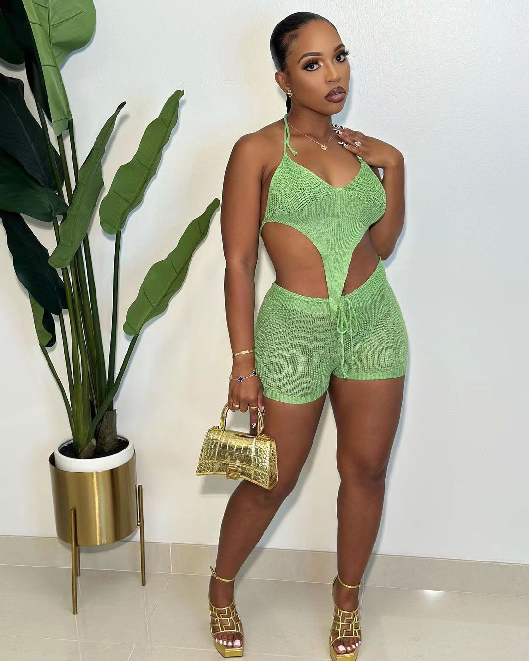 Fashion sexy sleeveless knitting two piece shorts set 6