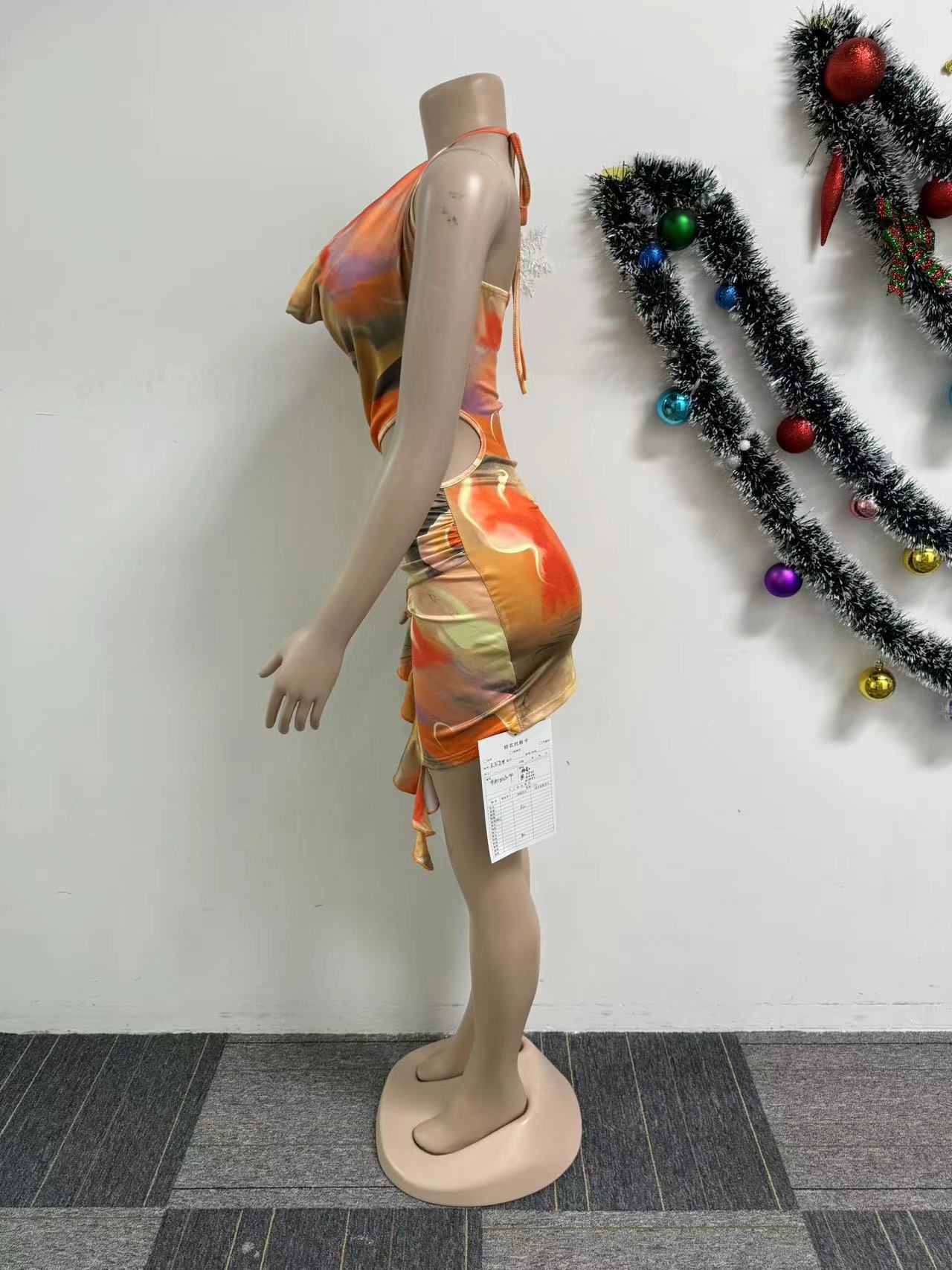 Women Sexy Printed Hollow Backless Halter Neck Lace Dress 6