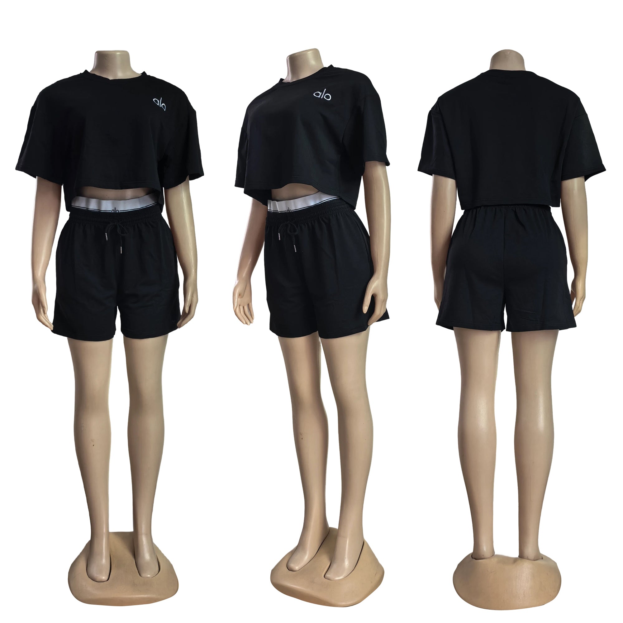 Women Summer Solid Embroidered Round Neck Short Sleeve Top Shorts Two-Piece Set 6