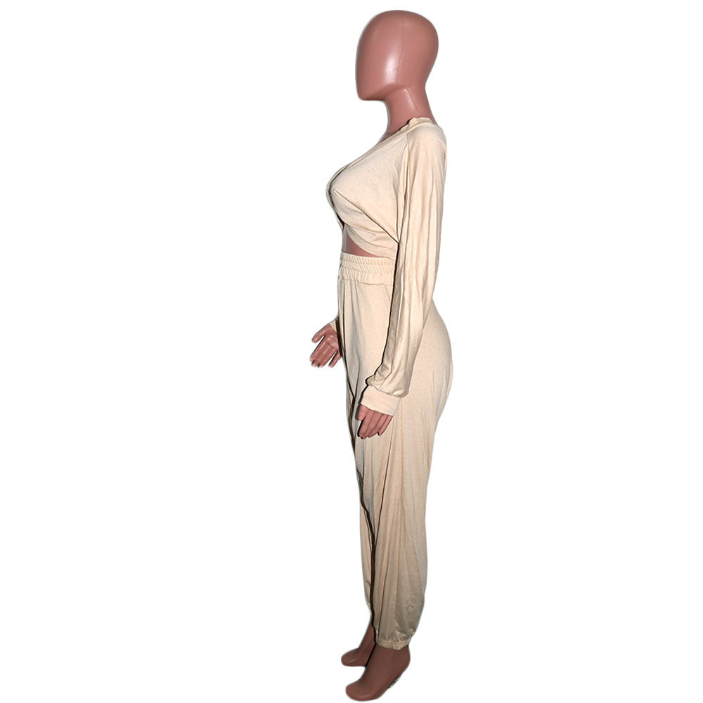 Women's Sexy Crop V-Neck Solid Color Cross Front Top Pants Two-Piece Set 8